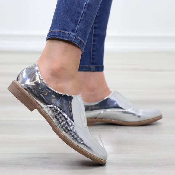 Silver Patent Flat Slip On Oxford Loafers - Picture 7 of 15